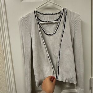 White Ribbed Long Sleeve Top with Black Trim
